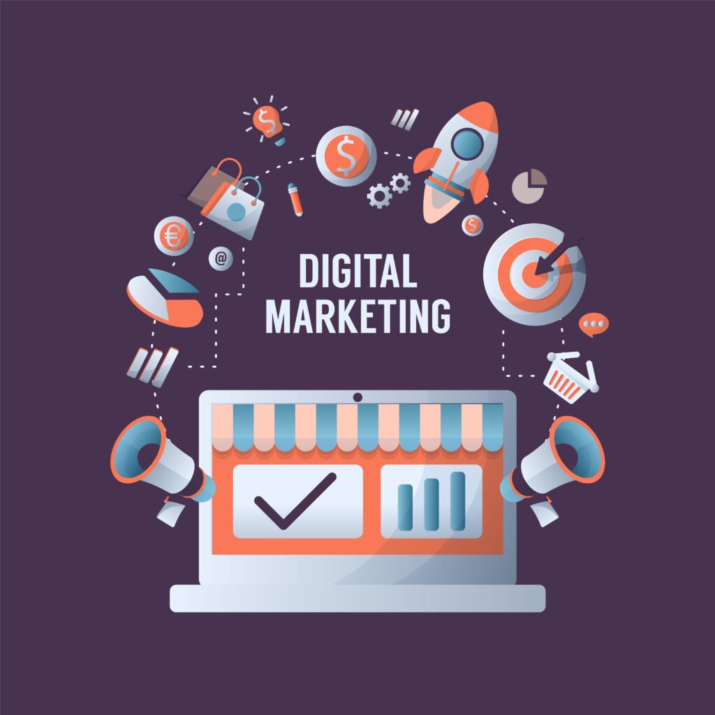 Digital marketing concept with online advertising and media symbols flat